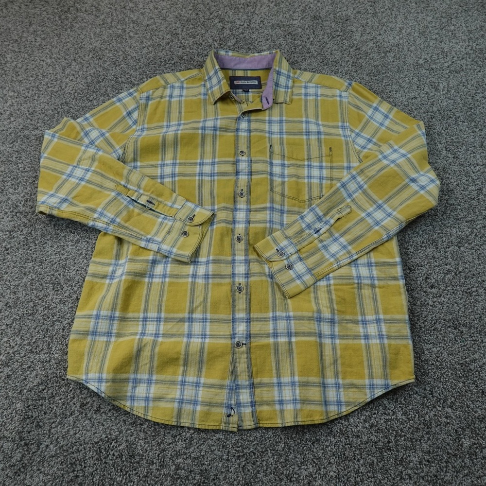 32 Bar Blues Shirt Mens L Yellow Blue Plaid Chambray Button Up Long Sleeve Top